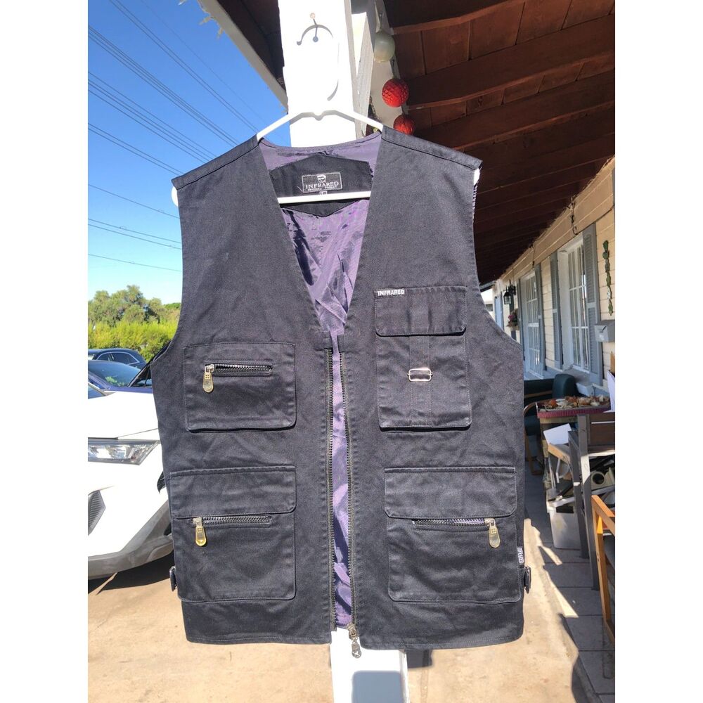 Y2K Vtg Infrared Utility Cargo Vest Black Canvas Multi Pocket Italy Gorpcore, M